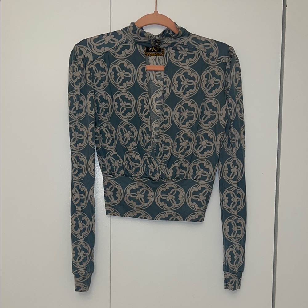 KLS Long Sleeve Fitted Blouse with Plunging Neckline & Mockneck